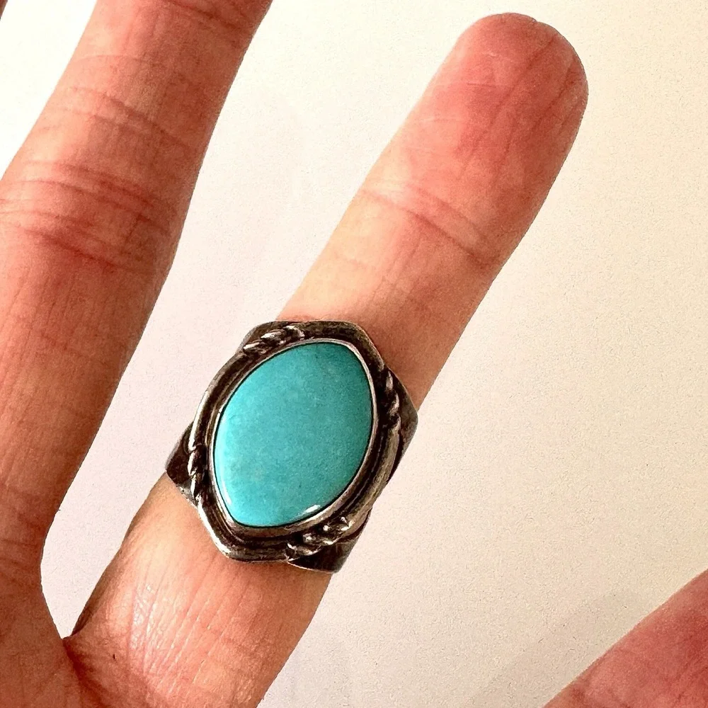 VTG Sleeping Beauty Turquoise Marquis Ring Sz 5.5 Sterling DTR 8.5g Handmade 925
